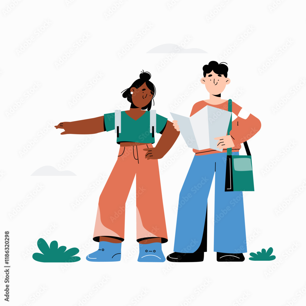 Couple exploring outdoors with map and pointing in flat vector illustration symbolizing navigation, teamwork, and travel planning, isolated on white background. Couple exploring outdoors with map and pointing in flat vector illustration symbolizing navigation, teamwork, and travel planning, isolated on white background.