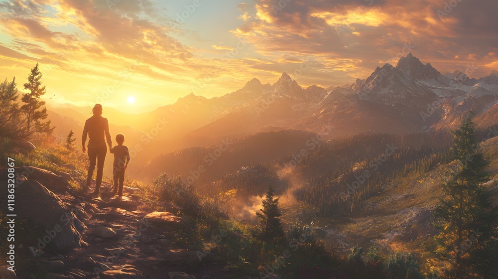 Obraz premium Mother and Son Hiking Majestic Mountain Sunset