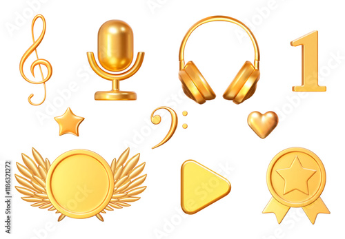 3D Musical set of golden icons from of treble clef, microphone, headphones, number 1, bass clef, stars, hearts, medals, play buttons. Stock vector illustration on isolated background.