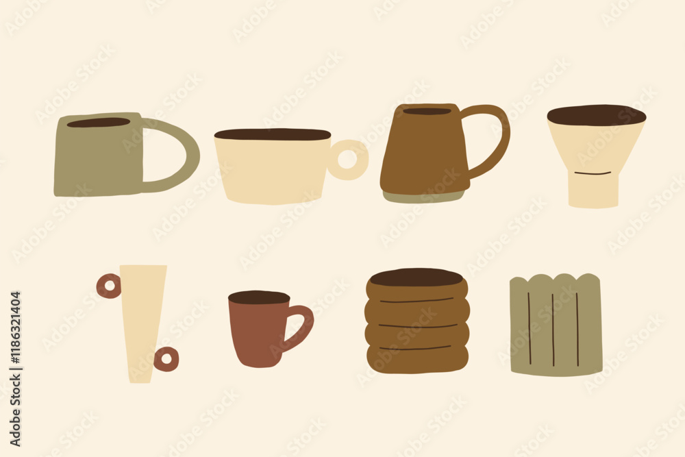 Obraz premium Hand Drawn Set Greek Organic Ceramic Clay Mugs. Pottery Shape Collection Silhouette Decor Elements. Vector Illustration