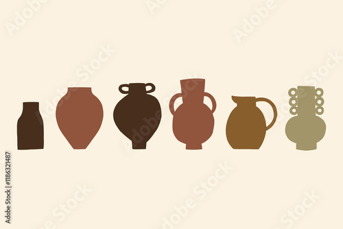 Hand Drawn Set Greek Organic Ceramic Minimalist Vases Silhouette. Pottery Shape Collection Decor Elements. Vector Illustration