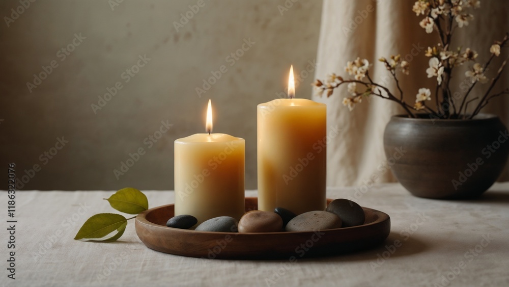 spa scene with candles, stones and towel, in earthy tones. spa scene with candles, stones and towel, in earthy tones.