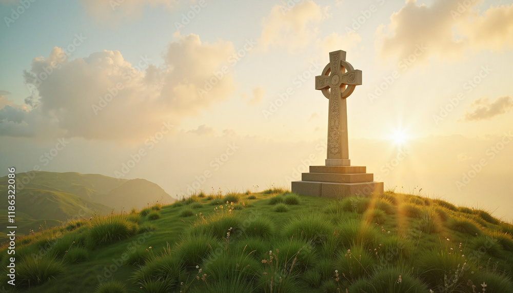 Celtic cross monument on grassy hill at sunset Celtic cross monument on grassy hill at sunset