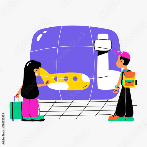 Travelers with luggage at airport terminal in flat vector illustration symbolizing travel, tourism, and adventure, isolated on white background.