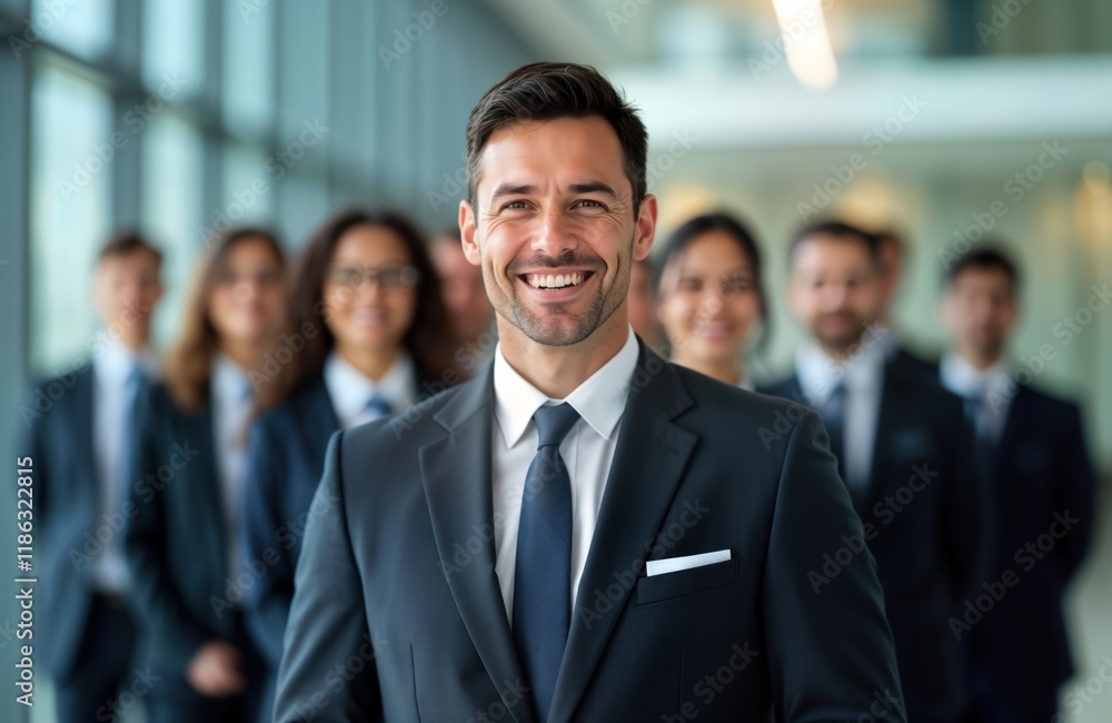 Confident man in business suit stands in front of group of potential team members. Business event job interview. Positive, welcoming atmosphere. Corporate environment, office building. Diversity of Confident man in business suit stands in front of group of potential team members. Business event job interview. Positive, welcoming atmosphere. Corporate environment, office building. Diversity of