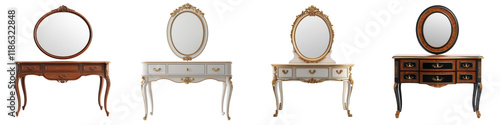 Elegant and ornate antique wooden vanity with a decorative mirror perfect for adding a touch of vintage style and luxury to a classic bedroom interior design photo