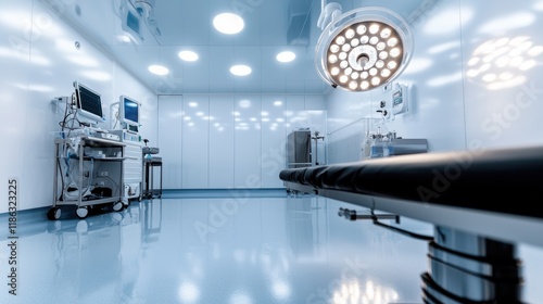 A modern, sterile operating room featuring advanced medical equipment and bright overhead lighting, designed for surgical procedures.