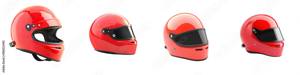 Fototapeta premium Collection of red racing helmets showcasing the latest design and technology for extreme motorsport enthusiasts seeking speed performance and safety