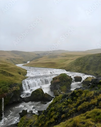 Iceland's Majestic Waterfall Cascades Through Lush Green Valleys on a Misty Day: A Captivating Glimpse of Nature's Untamed Beauty and Flowing Rivers