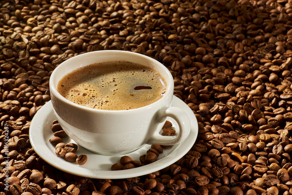 Cup of coffee on a background of roasted beans Cup of coffee on a background of roasted beans