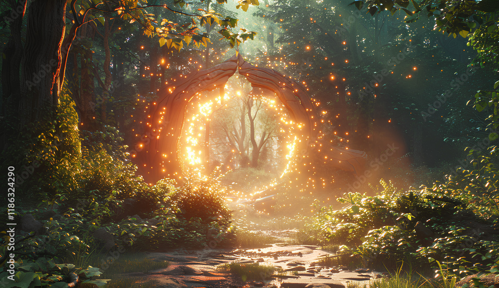 mystical forest gate with a glowing portal, leading to an enchanted world filled with magical creatures and ancient forests. mystical forest gate with a glowing portal, leading to an enchanted world filled with magical creatures and ancient forests.