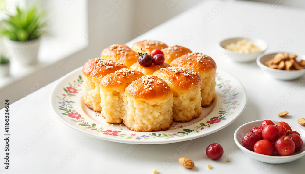Delicious baked bread rolls with cherries on decorative plate Delicious baked bread rolls with cherries on decorative plate