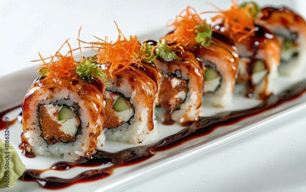 A sushi platter with vibrant rolls and garnishes on a minimalist white backdrop A sushi platter with vibrant rolls and garnishes on a minimalist white backdrop