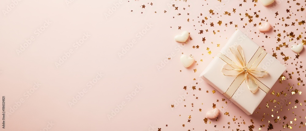 A charming white gift box adorned with a shimmering gold bow, surrounded by playful gold confetti, perfect for a romantic Valentine's Day surprise. A charming white gift box adorned with a shimmering gold bow, surrounded by playful gold confetti, perfect for a romantic Valentine's Day surprise.