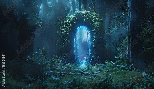 mystical forest gate with a glowing portal, leading to an enchanted world filled with magical creatures and ancient forests. photo