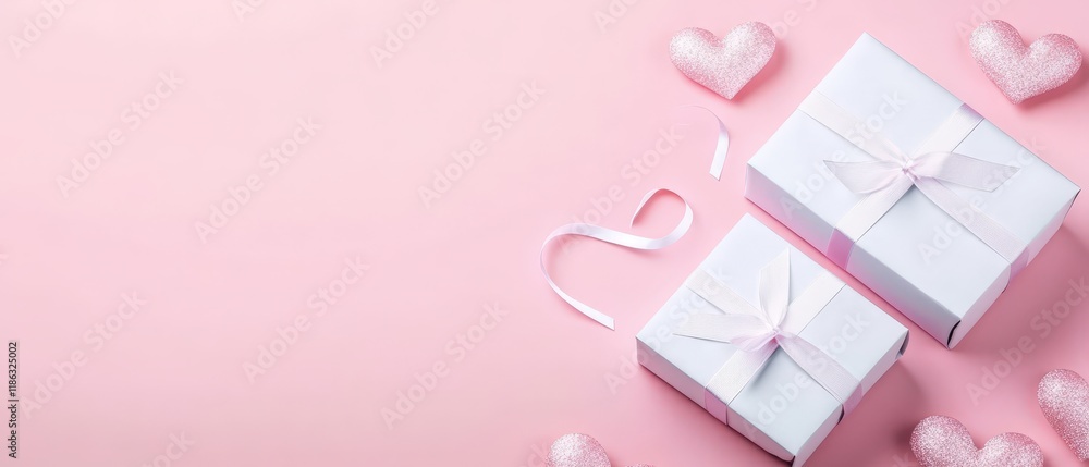 Delightful white boxes adorned with pink bows and hearts, set against a charming pink backdrop, perfect for expressing love on Valentine's Day. Delightful white boxes adorned with pink bows and hearts, set against a charming pink backdrop, perfect for expressing love on Valentine's Day.