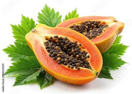 Ripe Papaya with Seeds and Green Leaf Isolated on White Background - Stock Photo photo