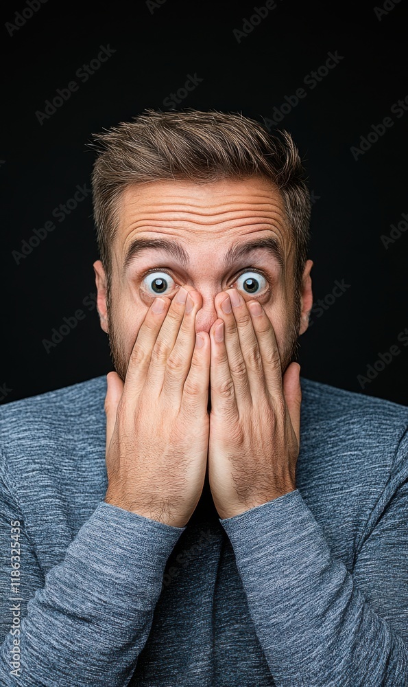 Surprised young man covering his mouth and eyes in disbelief against a dark background Surprised young man covering his mouth and eyes in disbelief against a dark background