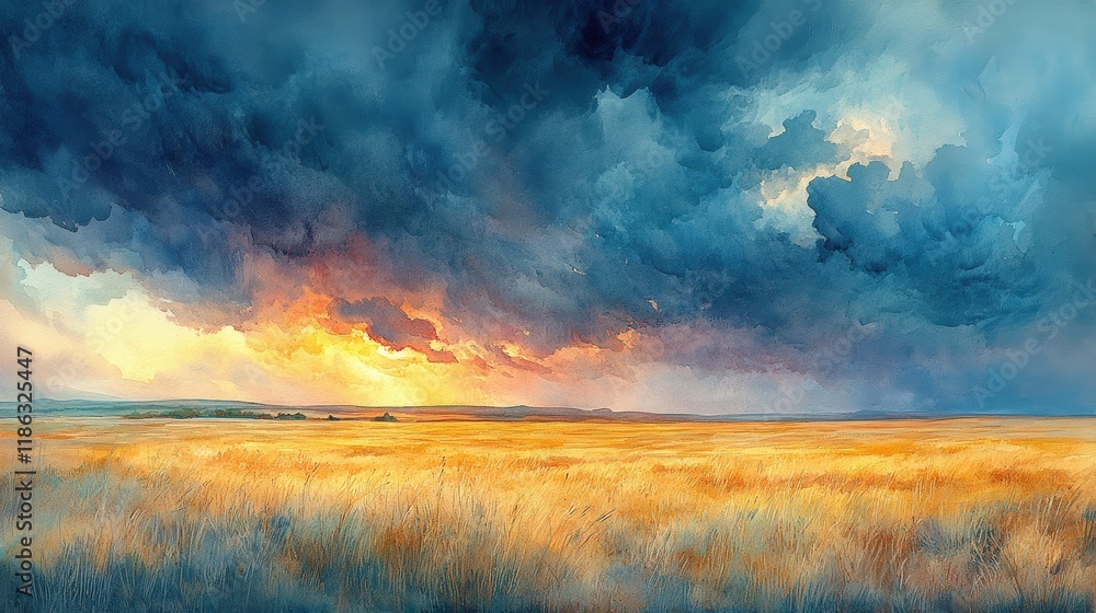 Fototapeta premium Golden field, dramatic sunset, stormy sky.