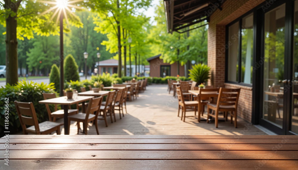 Serene outdoor café seating area in the early morning light, highlighting tranquility and dappled shadows among greenery Serene outdoor café seating area in the early morning light, highlighting tranquility and dappled shadows among greenery