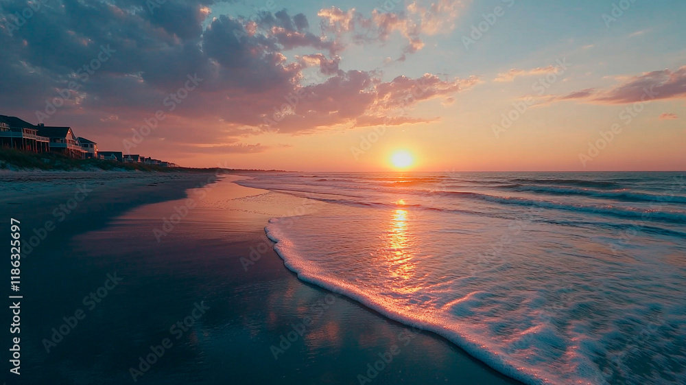 Fototapeta premium A beautiful sunset over the ocean, with waves crashing on the sandy beach in South Carolina, USA. The sky is painted orange and pink by the setting sun, reflecting off the wet sand at the shoreline.