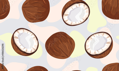 Seamless background with coconuts Vector template of tropical coconut pattern for print, textile, postcard, background, packaging Coconut pattern