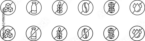 No Allergen free Allergen icons set. Allergen free products. Product warning symbols. Lactose, gluten, sugar, corn, soy, nut free, caffeine sign