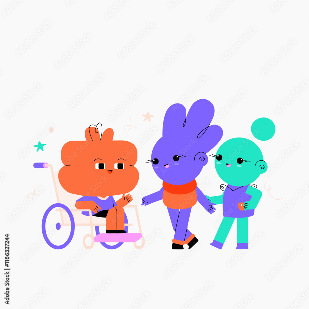 Inclusive community with characters supporting a friend in a wheelchair, symbolizing diversity, friendship, and inclusivity, flat vector illustration.