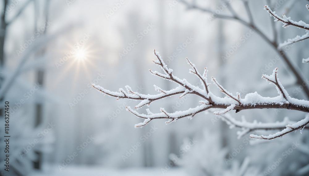 Frost-covered bare branch with sharp patterns illuminated by soft morning light in a tranquil winter setting