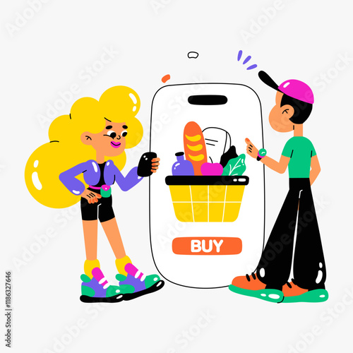 Man And Woman Shopping Online With Smartphone In Flat Vector Illustration Symbolizing Online Grocery Purchases, Convenience, And Technology, Isolated On White Background