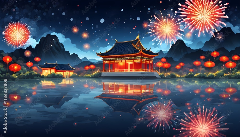 Obraz premium chinese new year celebrations, illustration of traditional china landscape with fireworks in the night sky, chinese new year banner
