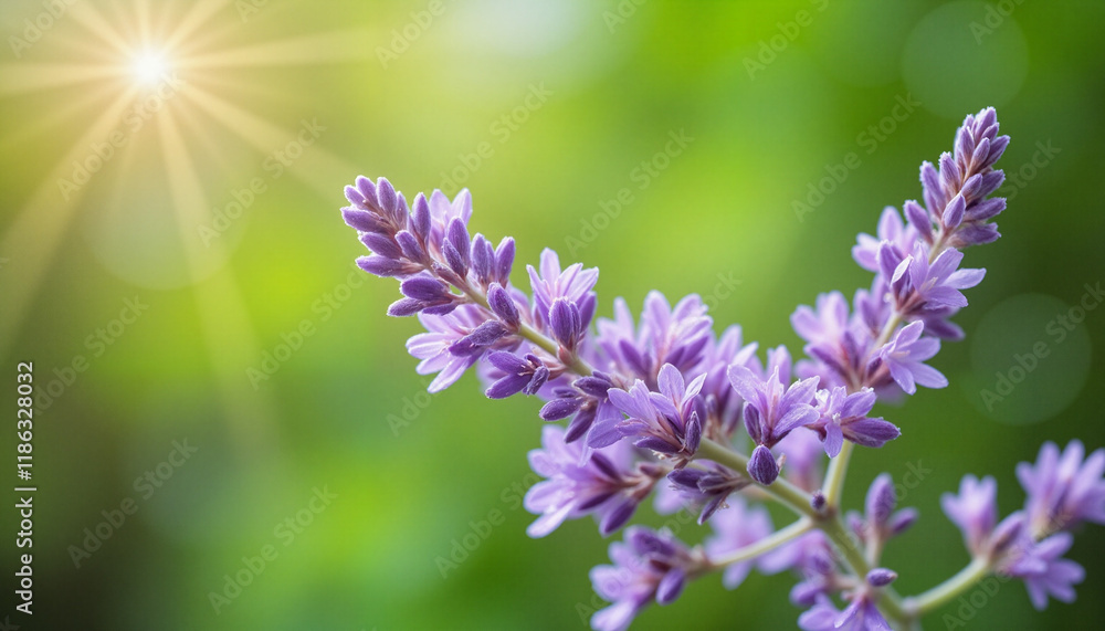 Fototapeta premium Close-up of delicate lavender flowers blooming under soft sunlight with a minimalistic green background in spring