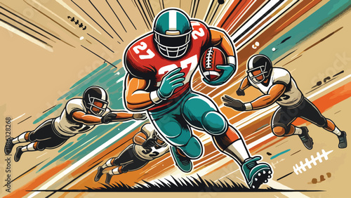 A running back dodging defenders, holding the ball tightly, surrounded by bold lines and motion effects in a flat design