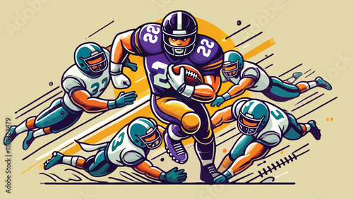 A running back dodging defenders, holding the ball tightly, surrounded by bold lines and motion effects in a flat design