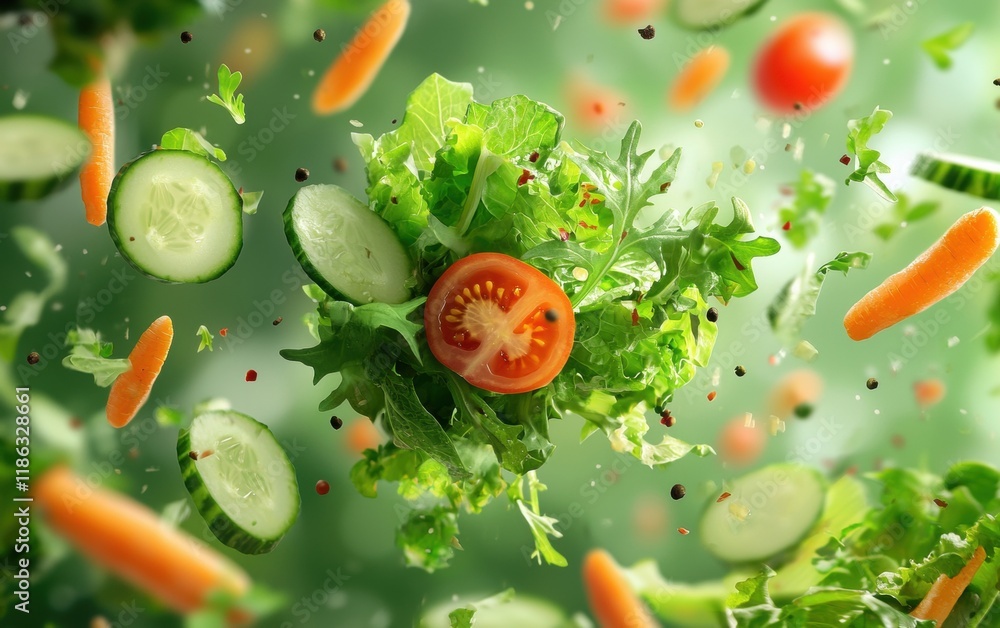 A vibrant salad mix of greens, tomatoes, cucumbers, and carrots floating gracefully in mid-air A vibrant salad mix of greens, tomatoes, cucumbers, and carrots floating gracefully in mid-air