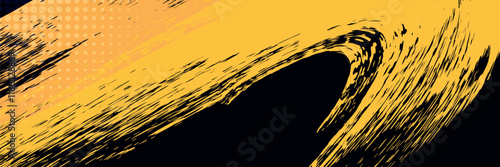 Black and yellow abstract background with brush stroke and halftone style. abstract grunge