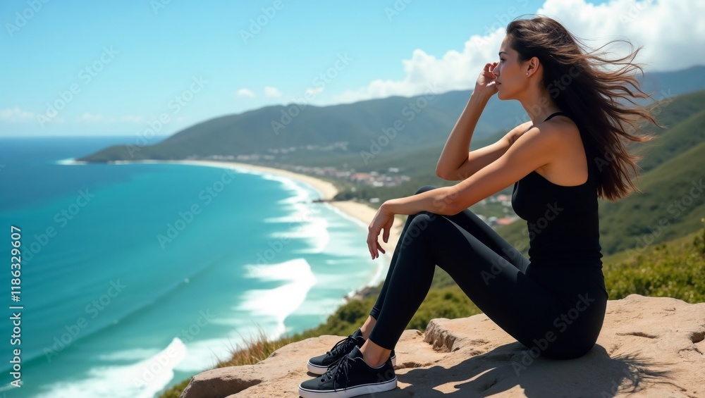 A woman sits peacefully on a rock, gazing out at the beautiful ocean view, with lush green hills and a tranquil coastline in the background under a bright blue sky. A woman sits peacefully on a rock, gazing out at the beautiful ocean view, with lush green hills and a tranquil coastline in the background under a bright blue sky.