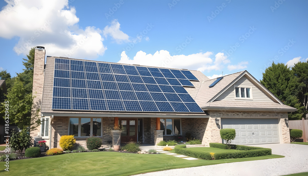 Fototapeta premium Home owner using solar panels for clean sustainable energy, masterpiece, with white tones