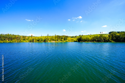 View of Lake Sorpe and the surrounding landscape. Nature at the Sorpe Dam near Arnsberg.
 photo