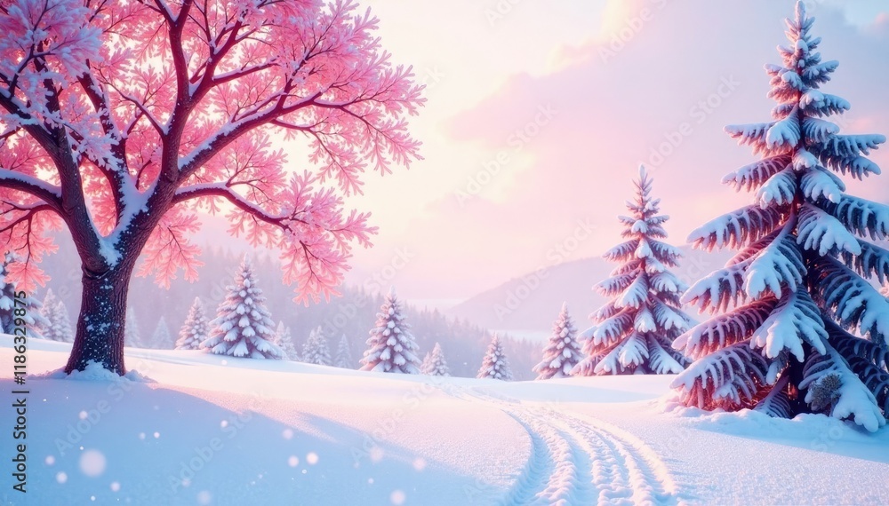 Fototapeta premium Pastel pink winter landscape with snow-covered trees and snowflakes, icy, serene, trees