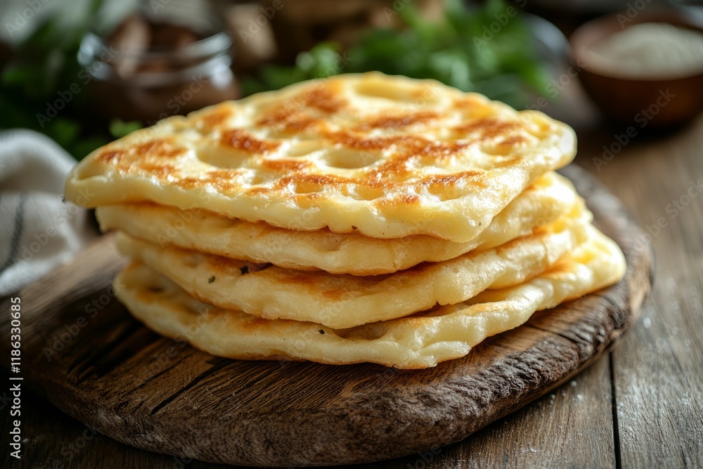 Golden brown flatbreads stacked on a wooden board, showcasing a rustic culinary scene Golden brown flatbreads stacked on a wooden board, showcasing a rustic culinary scene