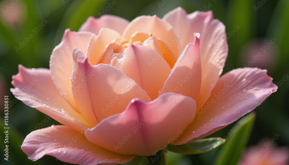 Delicate blooming flower petals bathed in soft morning light with water droplets and blurred background Delicate blooming flower petals bathed in soft morning light with water droplets and blurred background