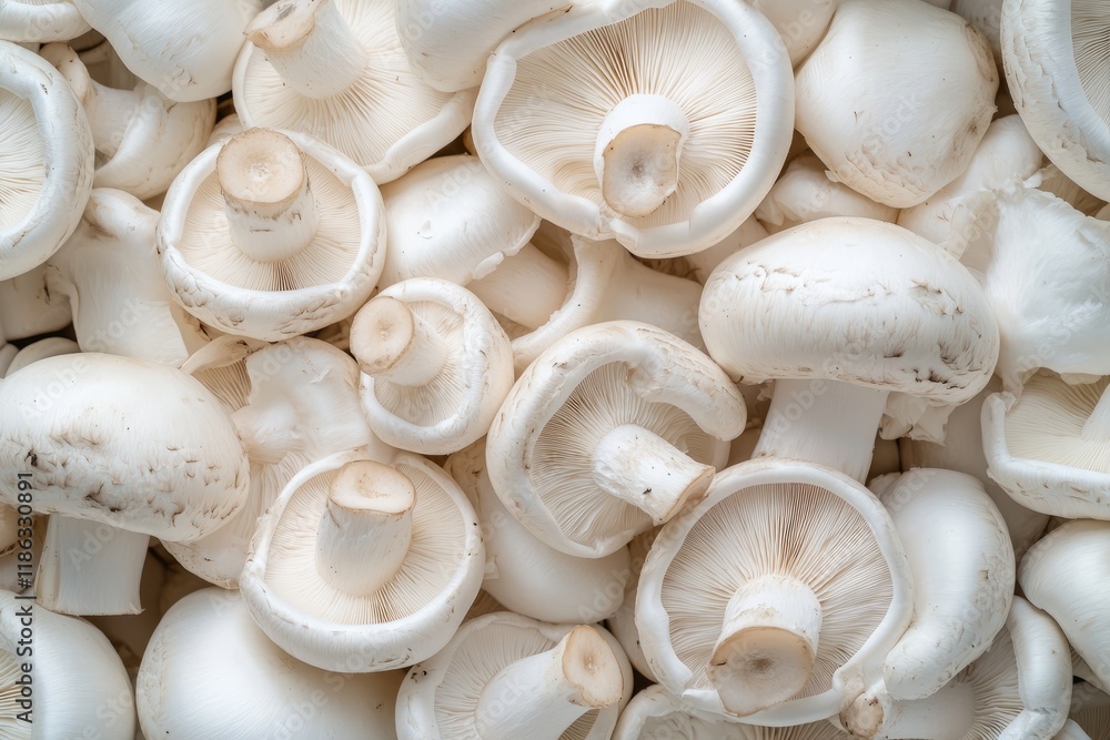 Close-up of numerous white mushrooms, creating a textured and inviting backdrop for food-related themes Close-up of numerous white mushrooms, creating a textured and inviting backdrop for food-related themes