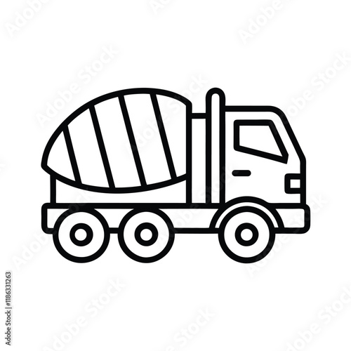 A clean and minimalistic black-and-white line art illustration of a concrete mixer truck, detailed yet simple, ideal for construction-themed designs, educational materials, or branding.