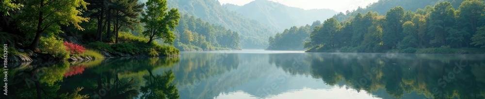 Reflections of trees and flowers dance across the still surface of the lake, forest, calm Reflections of trees and flowers dance across the still surface of the lake, forest, calm