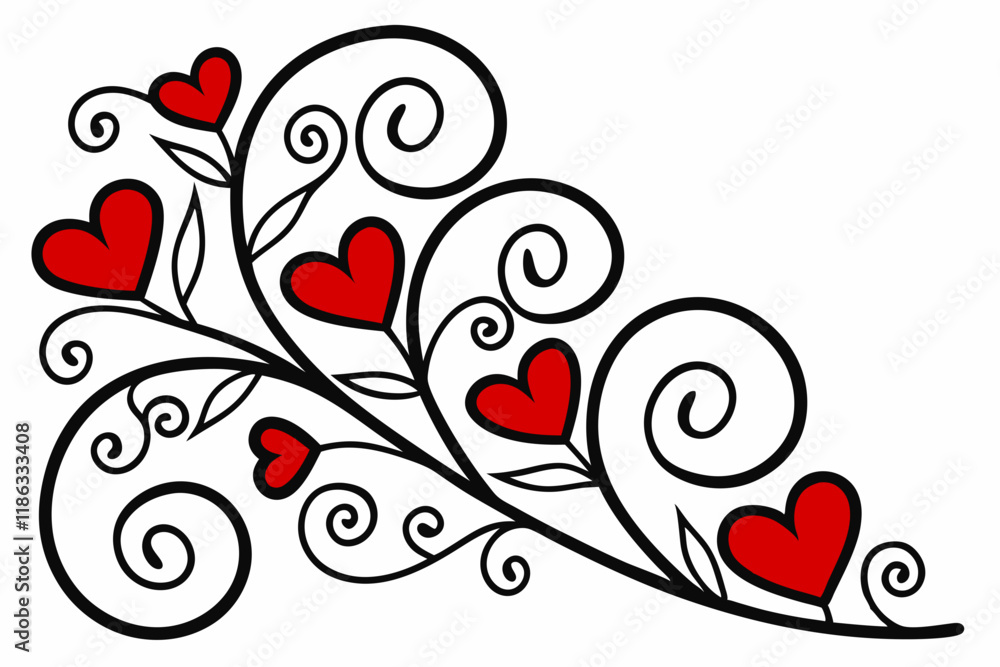 Red hearts are interwoven with elegant black swirling vines creating a whimsical pattern Red hearts are interwoven with elegant black swirling vines creating a whimsical pattern