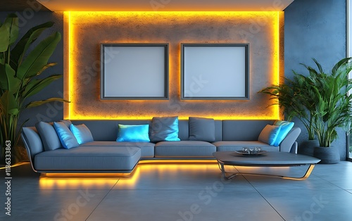 Modern living room, sectional sofa, illuminated wall, plants, night. Interior design mockup photo