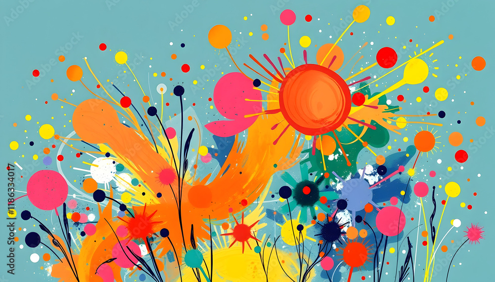 Whimsical abstract wide of an artist and a colourful explosion of creative energy., hand-drawn digital illustration, with white tones Whimsical abstract wide of an artist and a colourful explosion of creative energy., hand-drawn digital illustration, with white tones