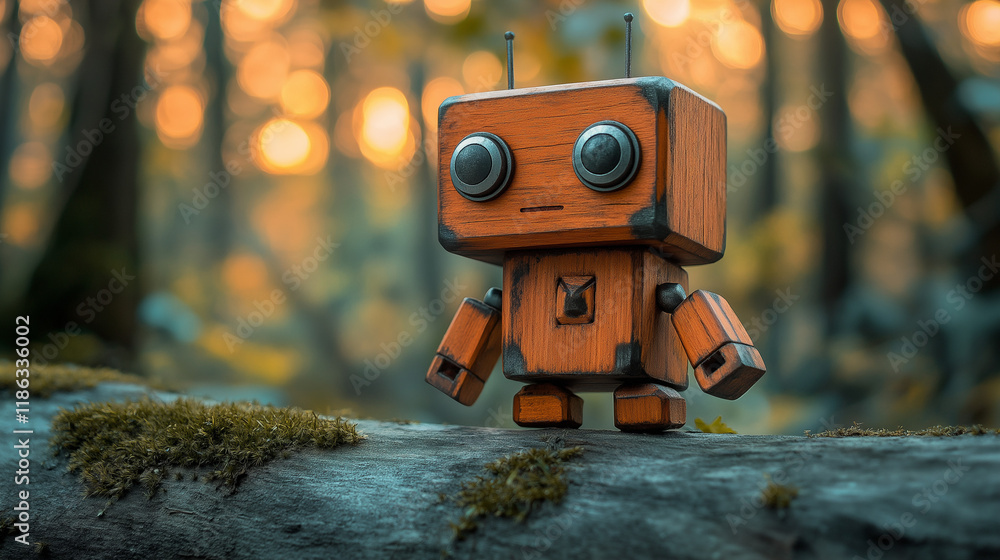 Wooden Robot in a Rustic Forest Setting: A Whimsical 3D Render