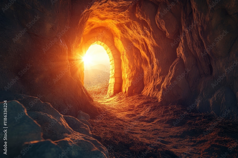 Empty tomb while light shines from the outside. Jesus Christ Resurrection. Christian Easter concept. Empty tomb while light shines from the outside. Jesus Christ Resurrection. Christian Easter concept.